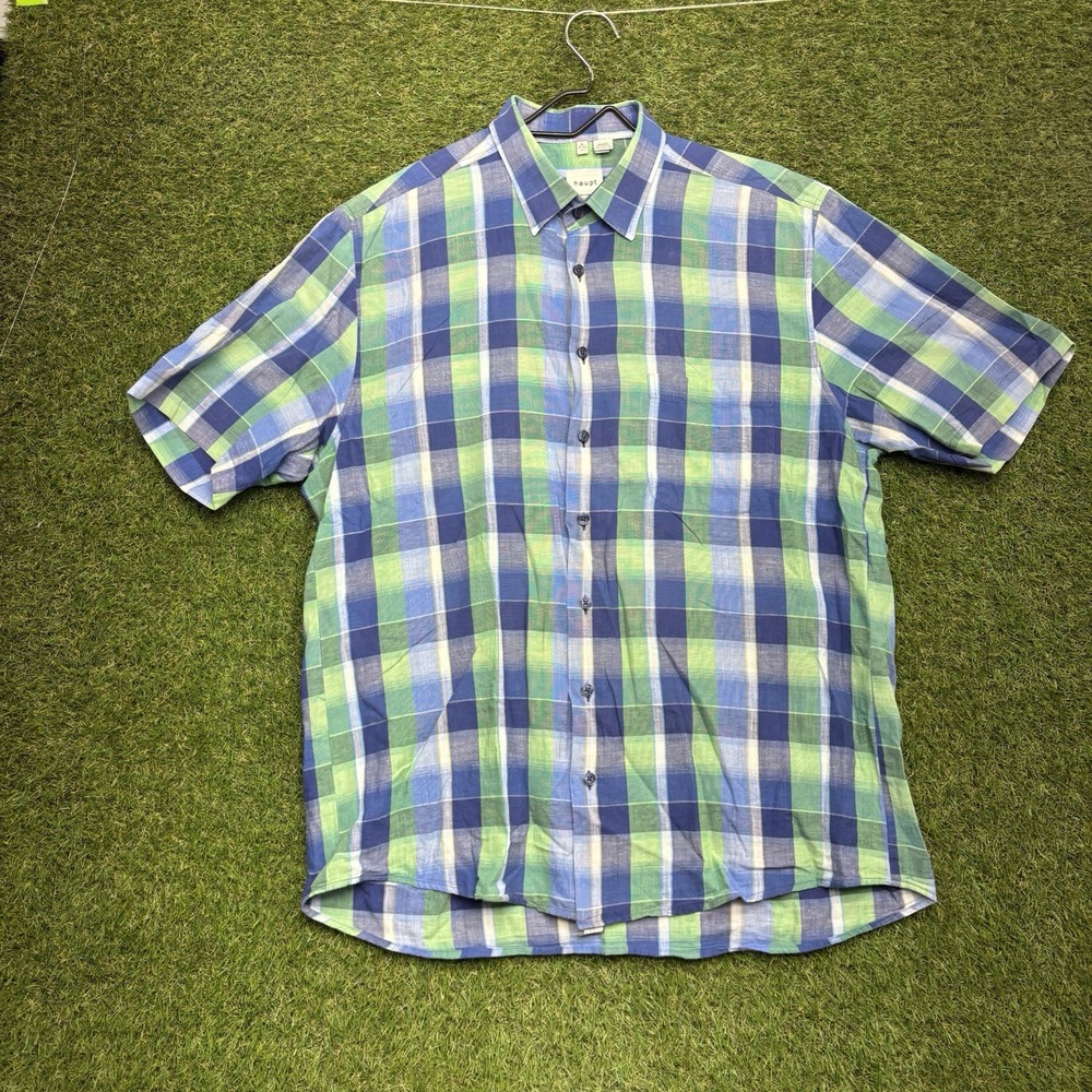 Haupt Linen Button Up Shirt Mens Large Green Blue Germany Short Sleeve Casual